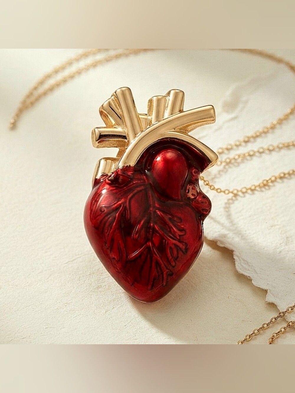 Red Enamel 3D Anatomical Heart Organ Brooch Luxury Medical Lapel Pin Gold Accent